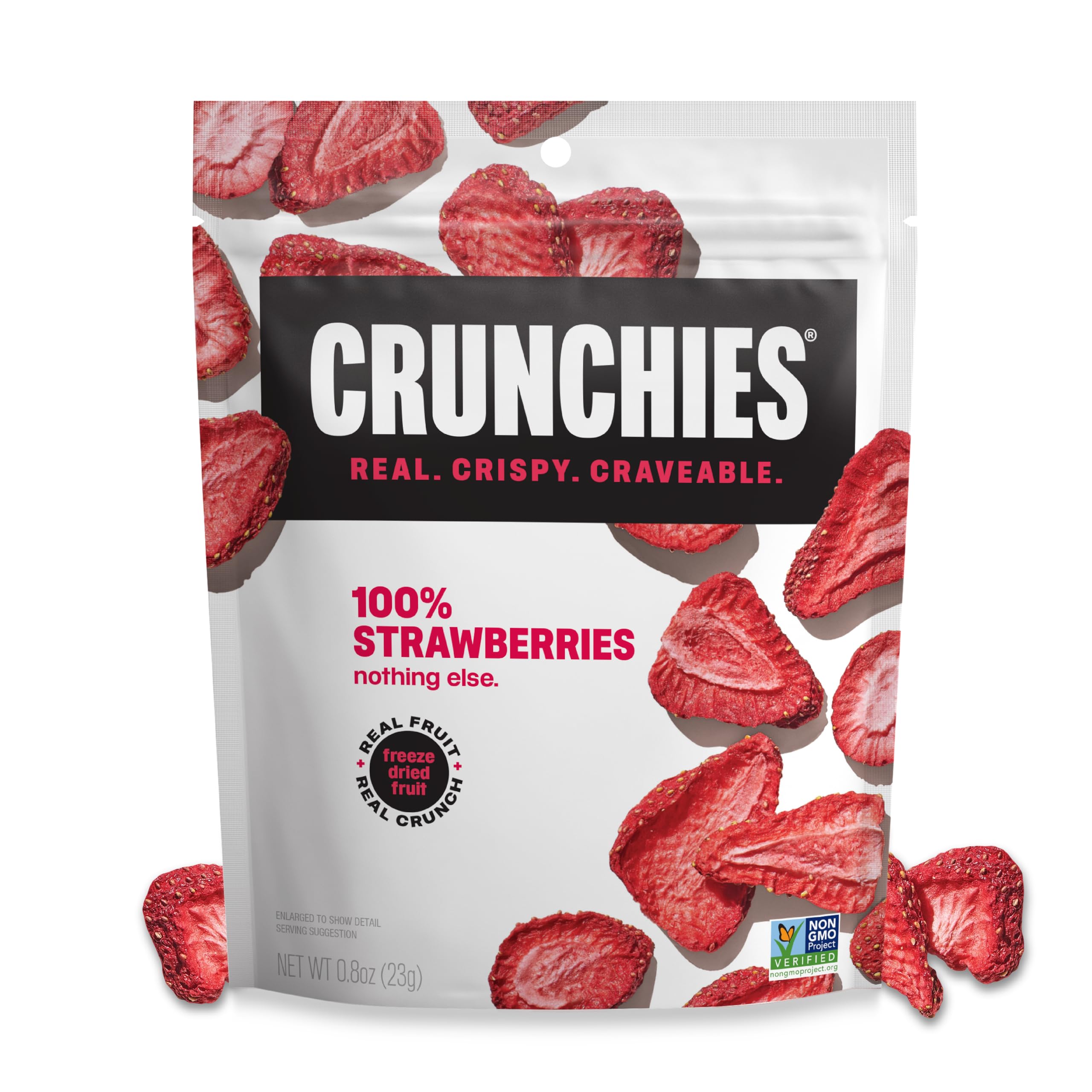 Crunchies pouch front view showing strawberries and clear label for quick identification