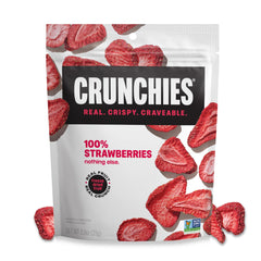 Crunchies pouch front view showing strawberries and clear label for quick identification