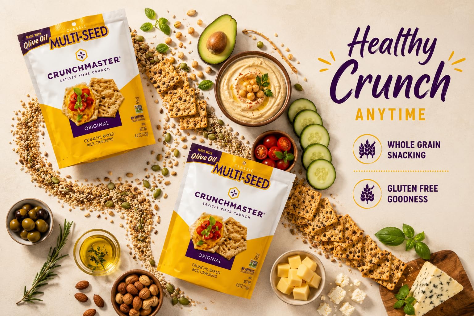 Crunchmaster crackers stacked to show crisp oven-baked crunch benefit