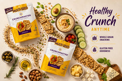 Crunchmaster crackers stacked to show crisp oven-baked crunch benefit