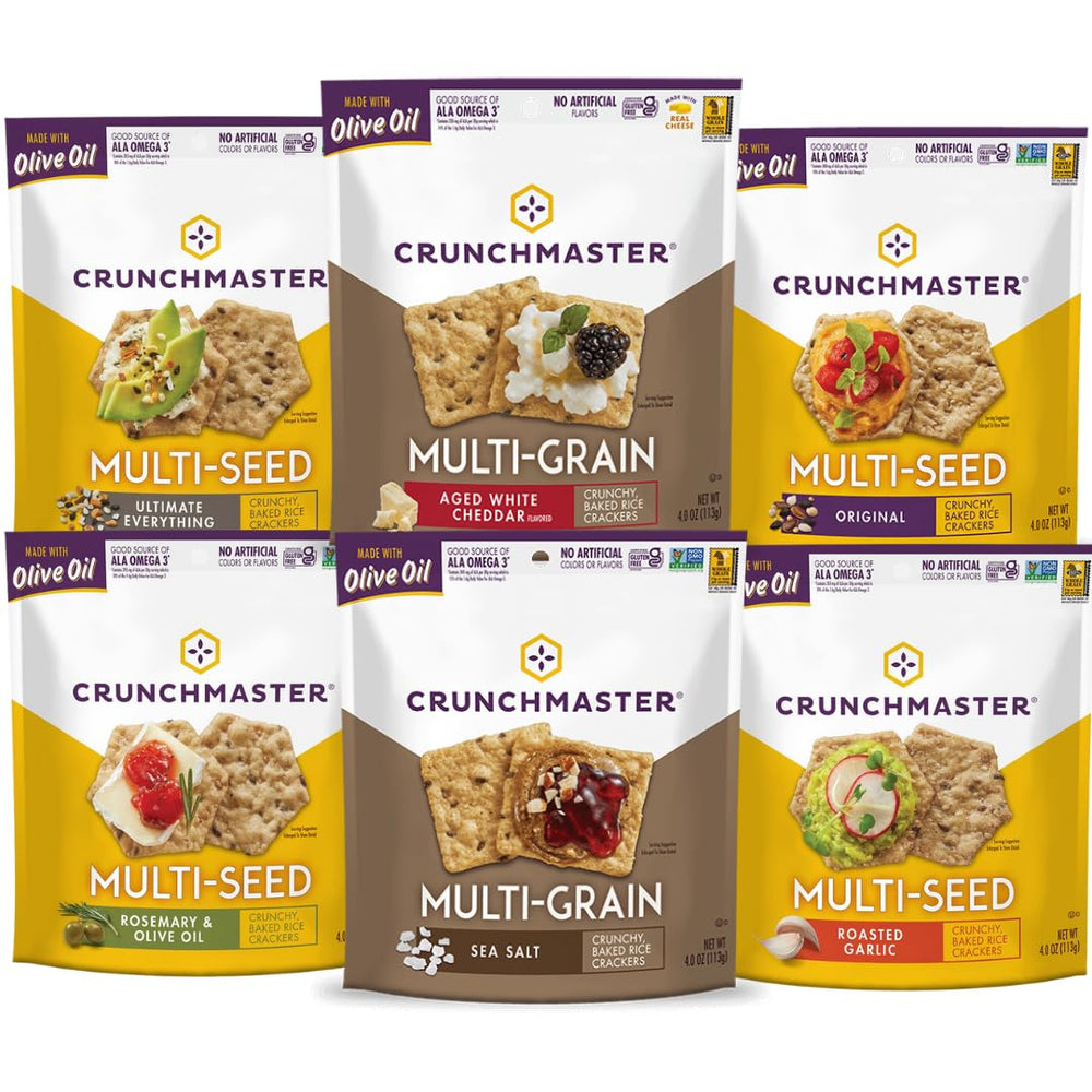 Crunchmaster front packaging showing assorted flavor variety and convenience