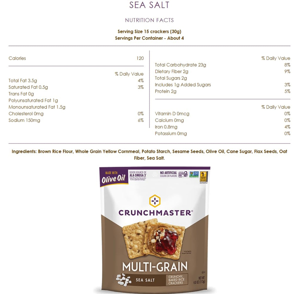 Crunchmaster product label with ingredients and nutritional details visible