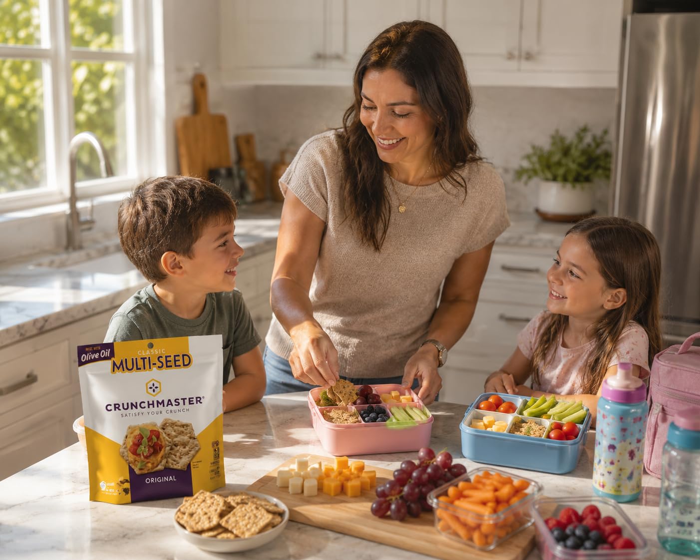 Crunchmaster crackers paired with cheese illustrating versatile serving benefit