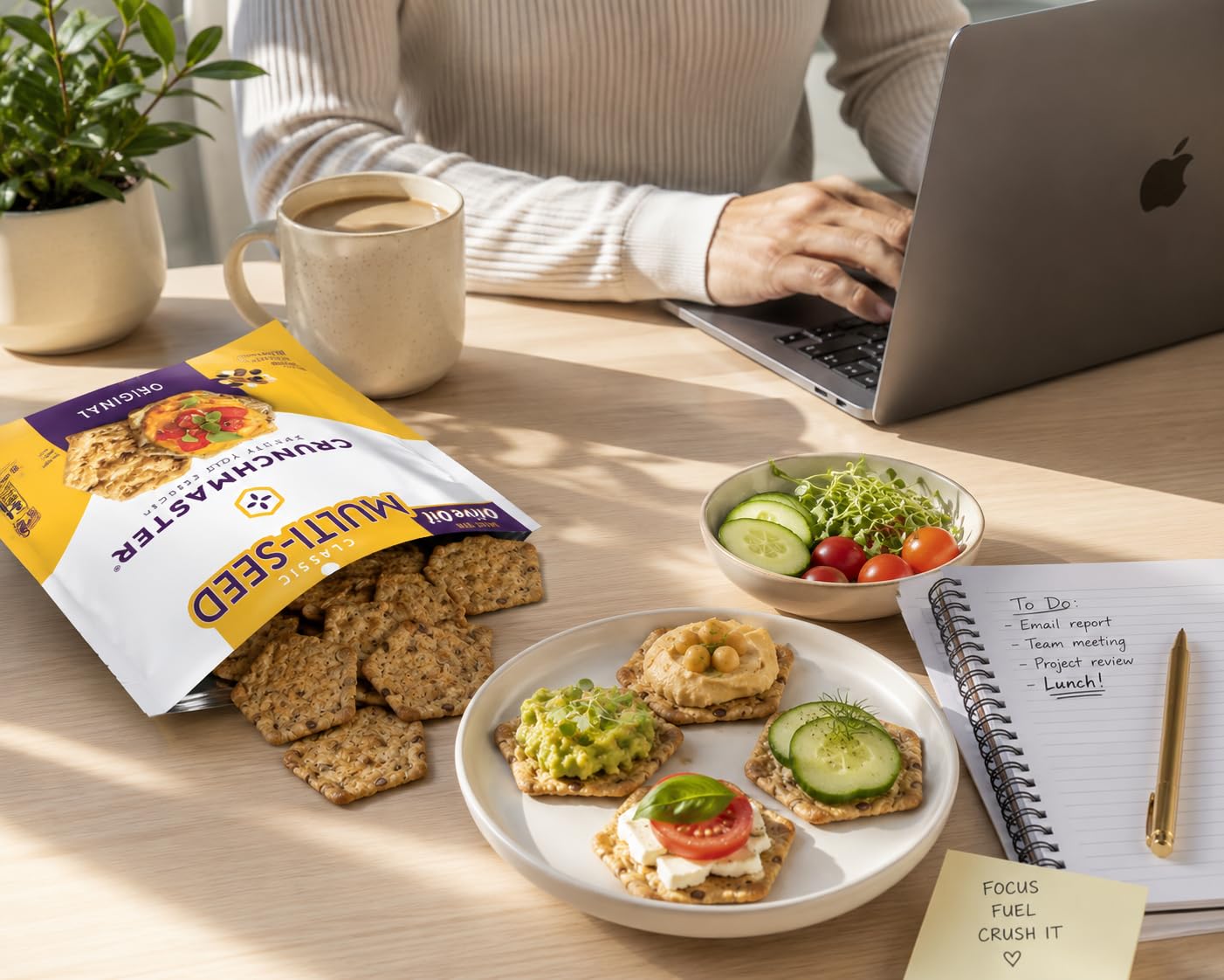 Crunchmaster sealed pack in travel bag showing on-the-go freshness benefit
