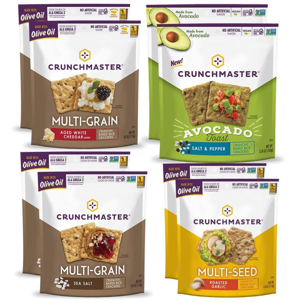 Crunchmaster variety pack front view showing eight gluten-free boxes and convenience