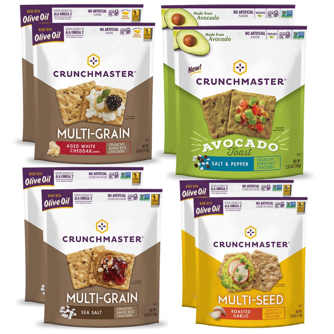 Crunchmaster variety pack front view showing eight gluten-free boxes and convenience