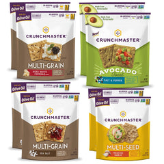 Crunchmaster variety pack front view showing eight gluten-free boxes and convenience