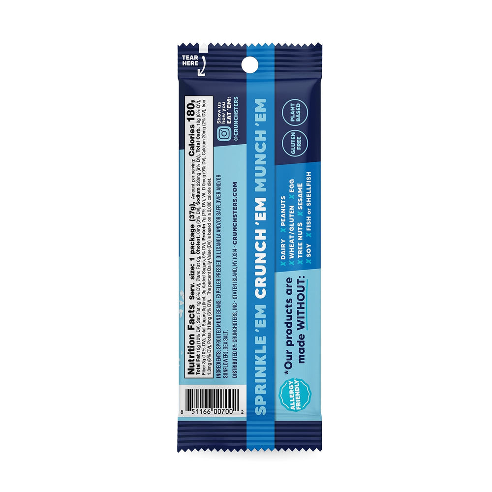 Crunchsters bag open pouring crunchy mung beans for convenient snacking