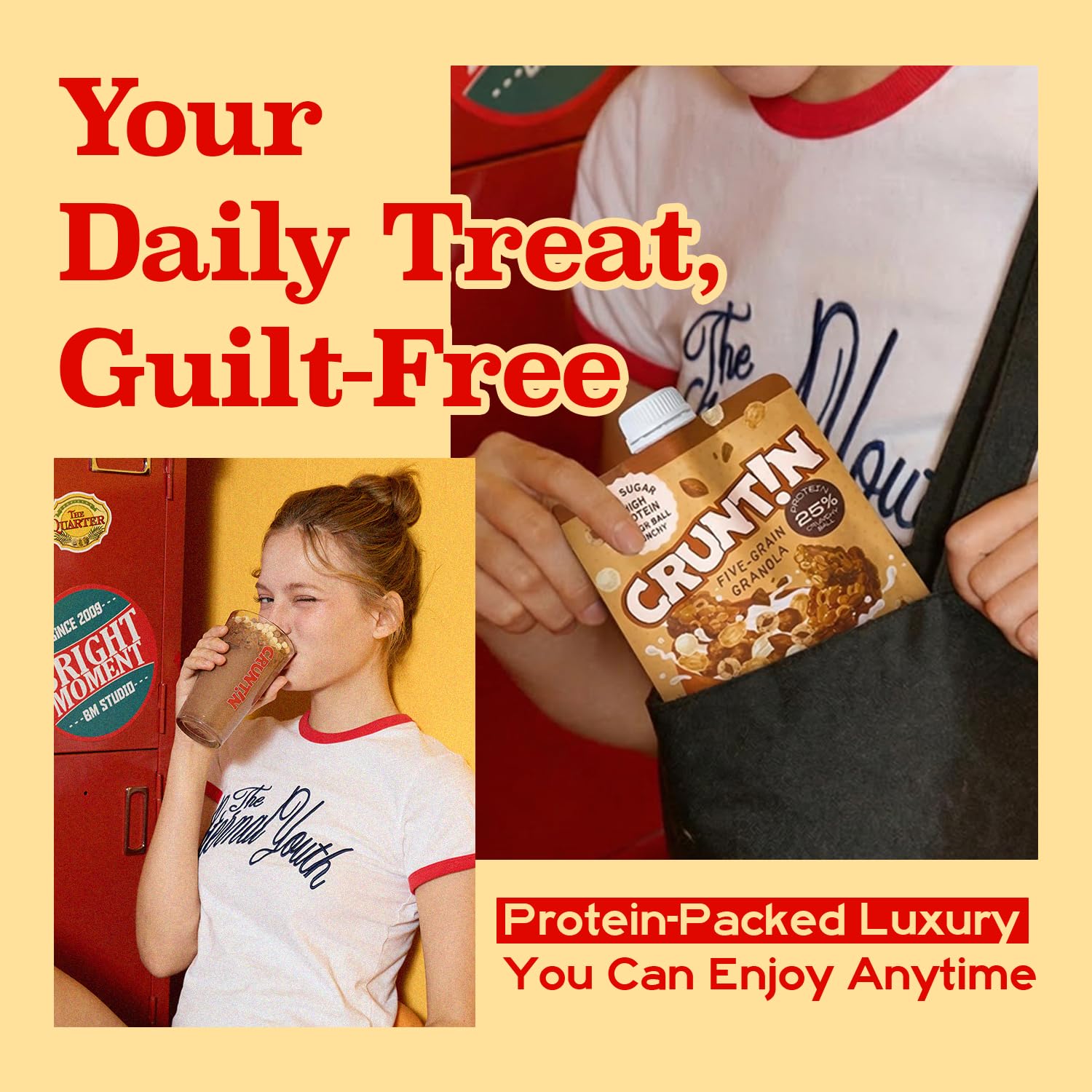 CRUNTIN roasted five-grain ingredients on spoons showing authentic flavor