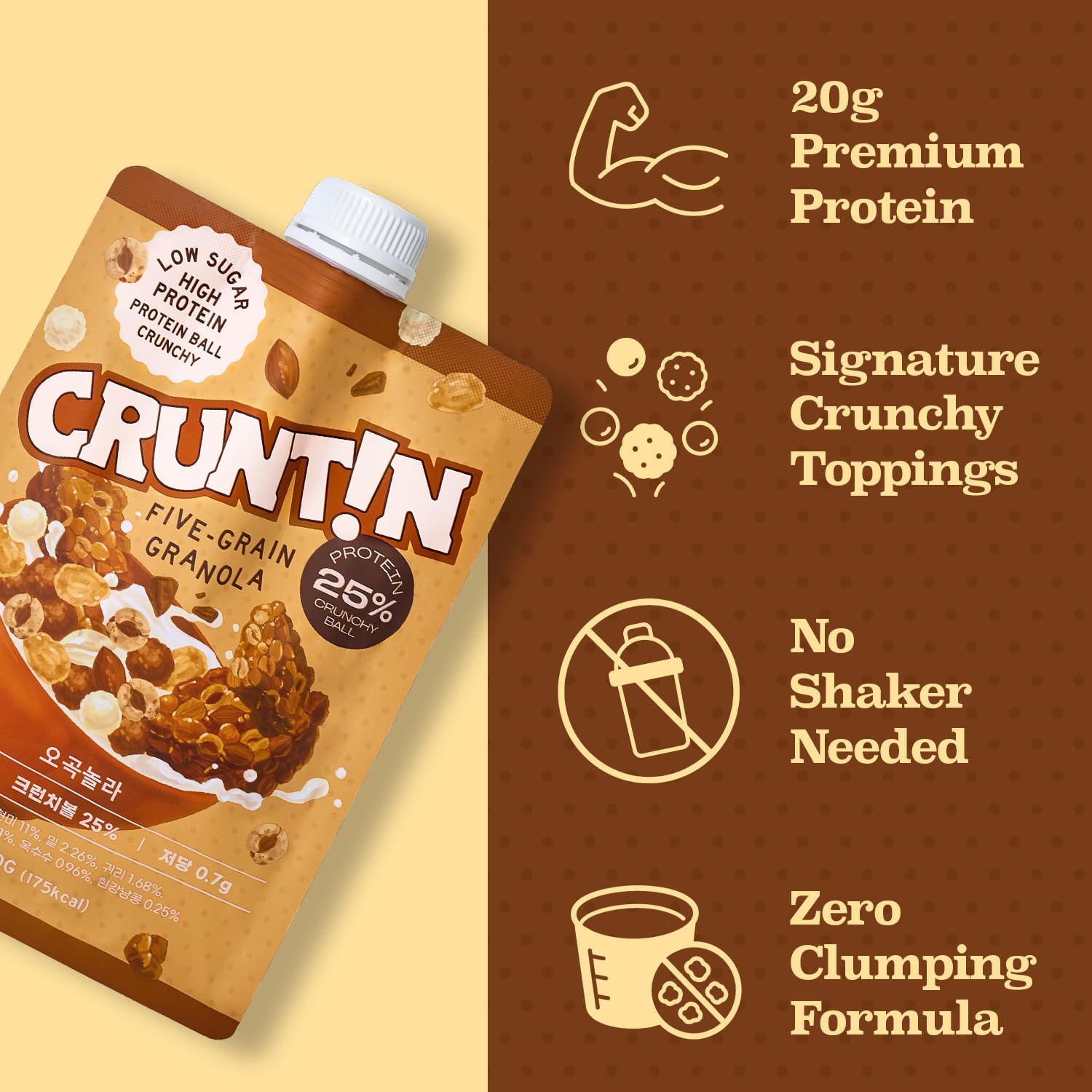 CRUNTIN pouch in hand for scale showing portable meal replacement benefit