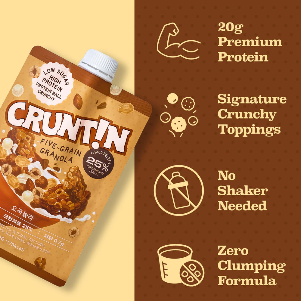 CRUNTIN pouch in hand for scale showing portable meal replacement benefit