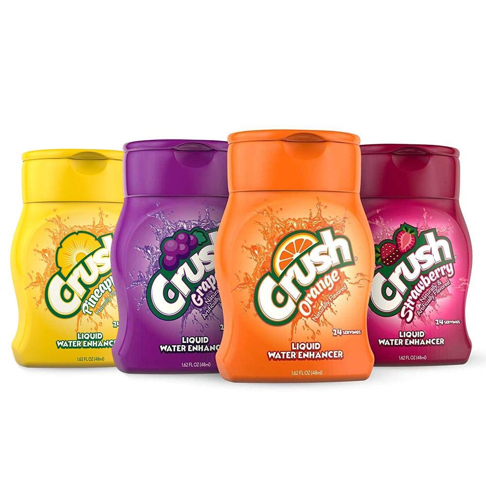 Crush front packaging showing four bottles and label, brand clarity and variety