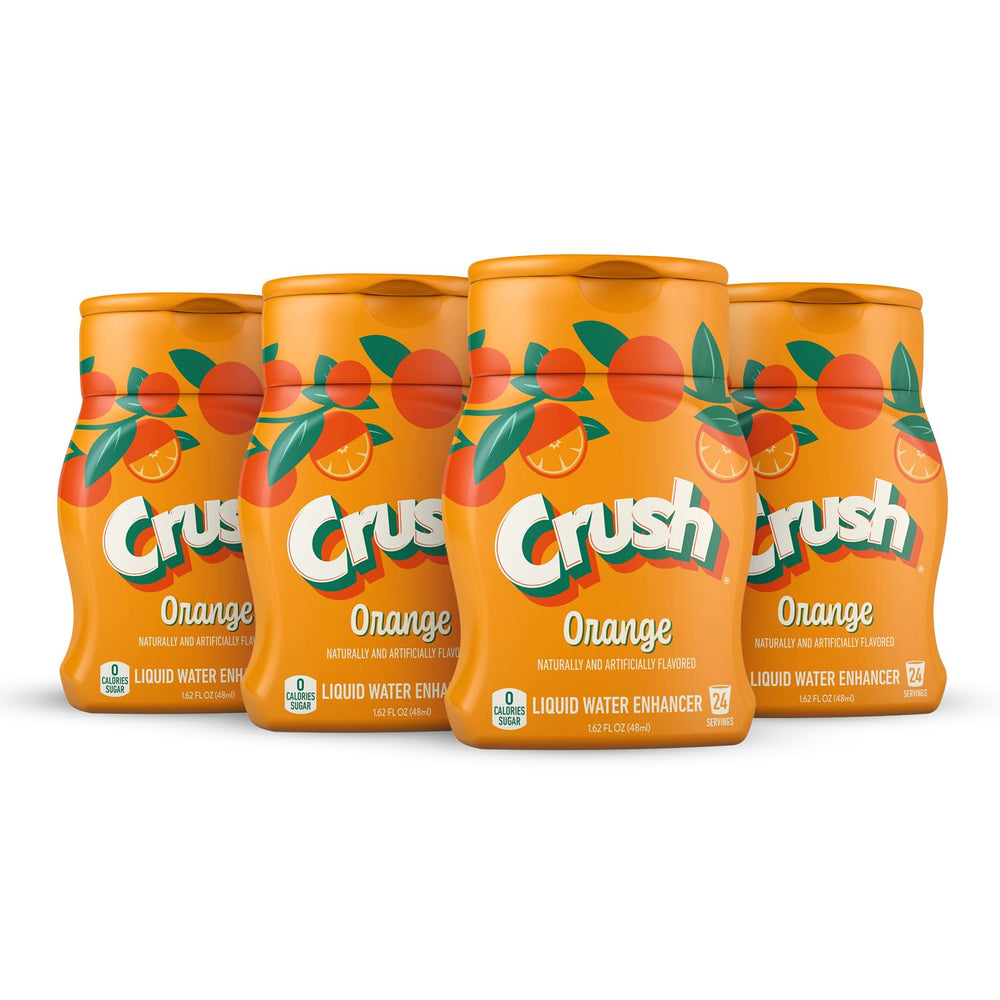 Crush orange front packaging showing four bottles and sugar-free benefit