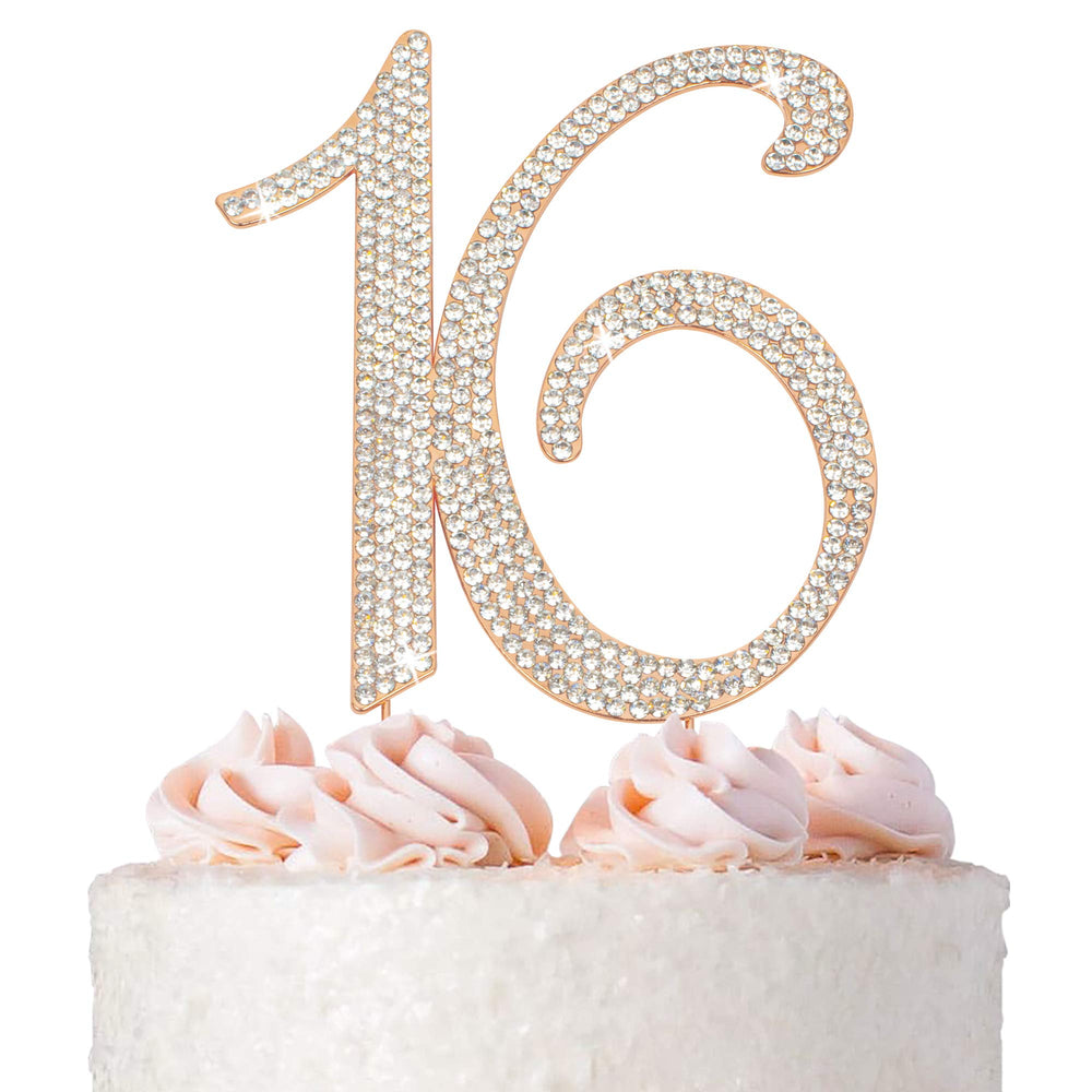 Crystal Creations front view of rose gold 16 topper shows elegant shimmer and party focal point