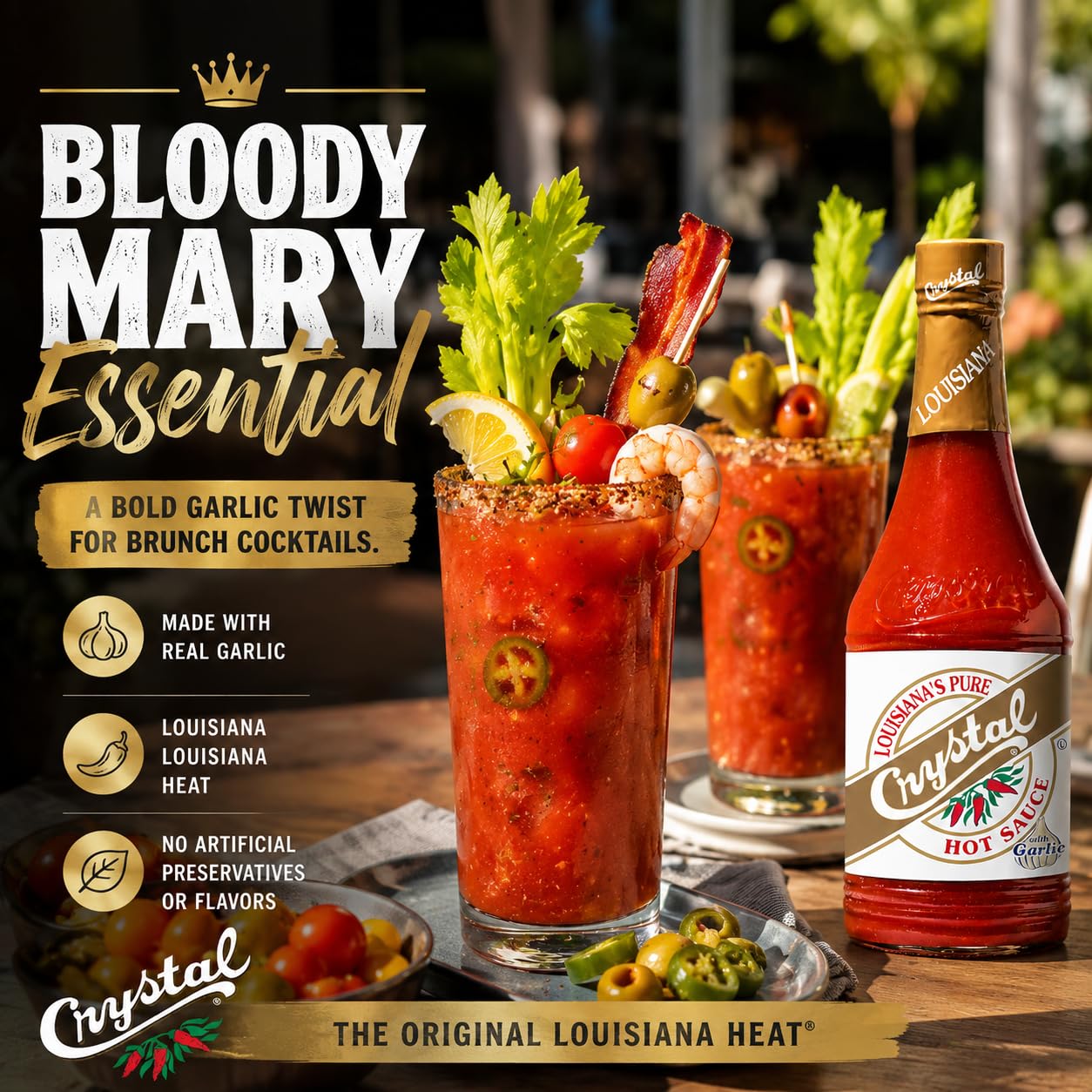 Crystal bottle beside cayenne peppers and garlic cloves illustrating flavor sources benefit