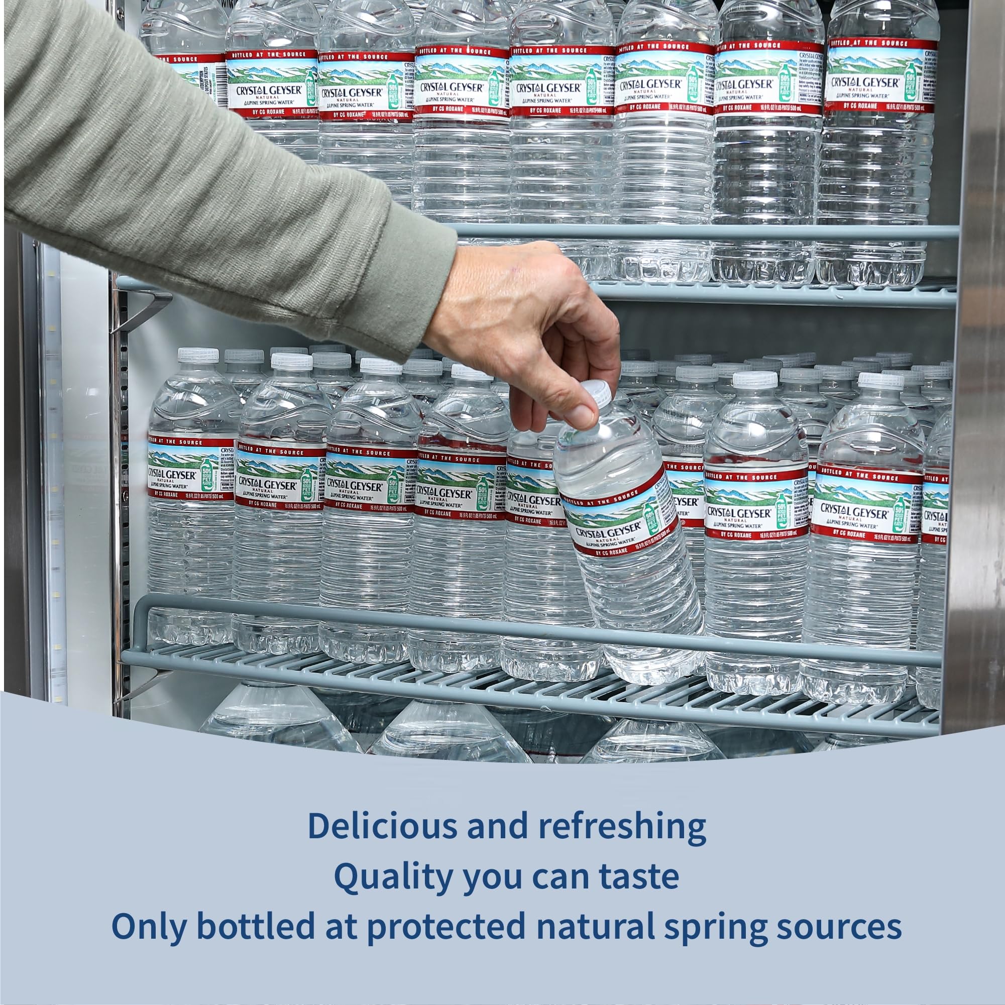 Crystal Geyser bottle close-up showing clear water and cap for freshness
