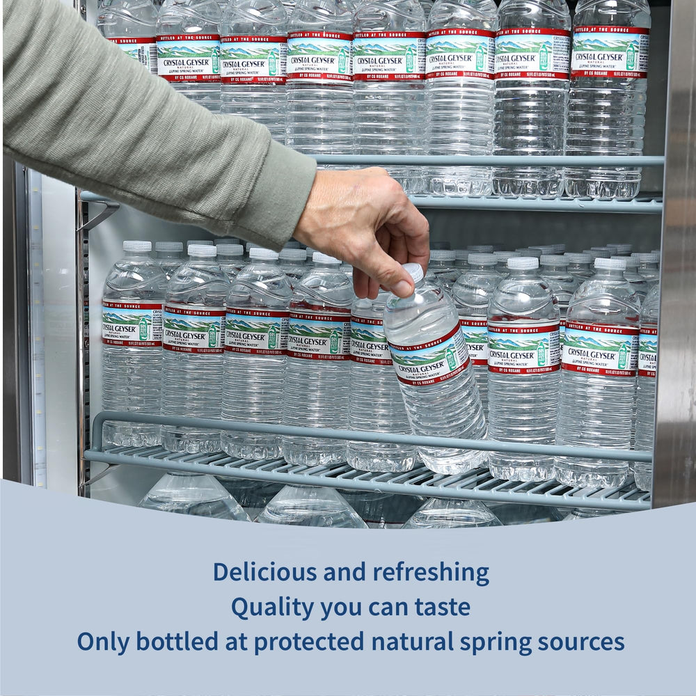 Crystal Geyser bottle close-up showing clear water and cap for freshness