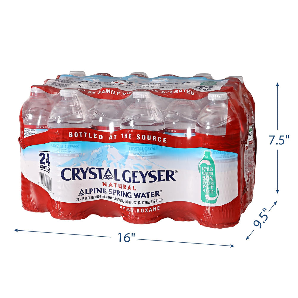 Crystal Geyser bottle held in hand to show 16.9oz size and portability