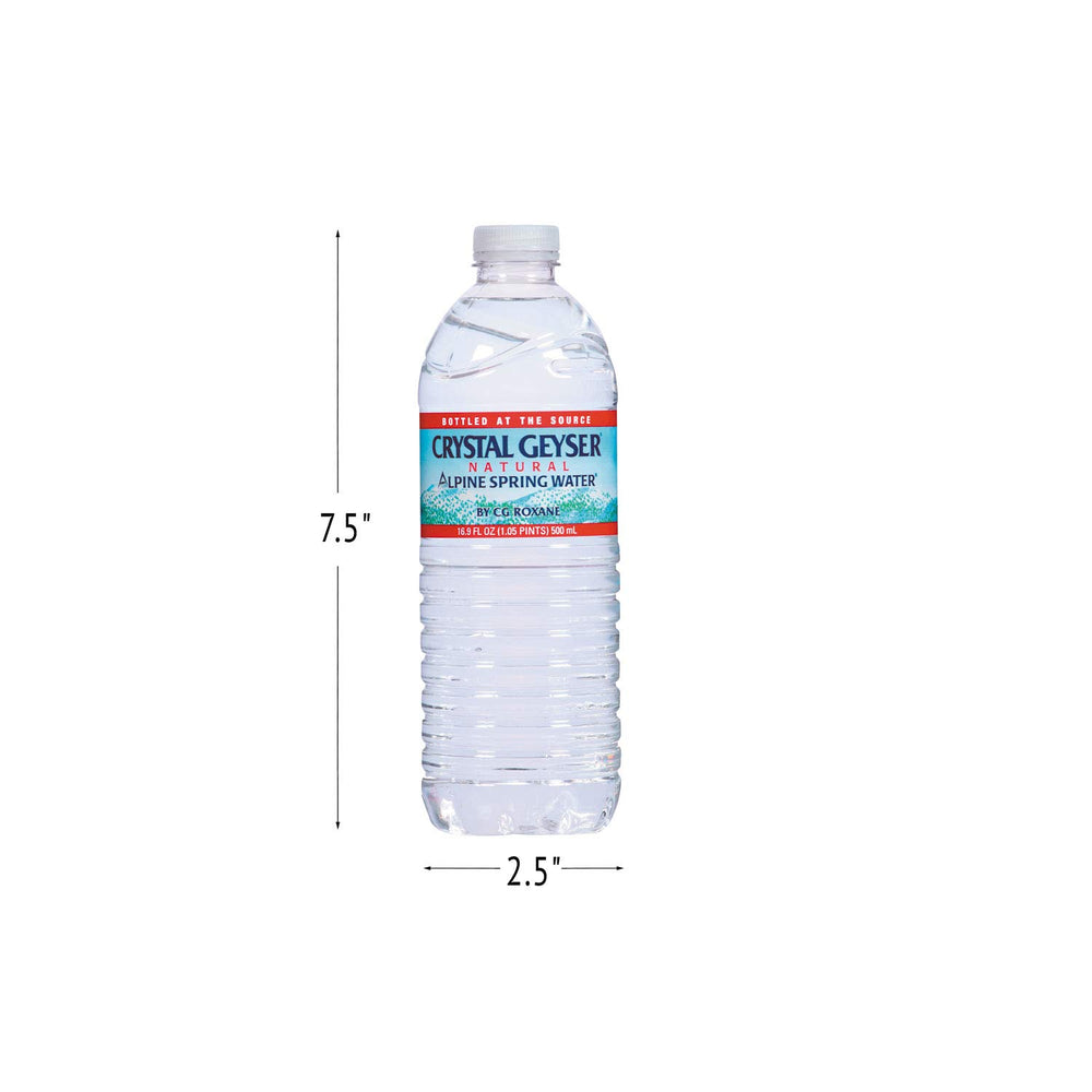 Crystal Geyser cases stacked on shelf highlighting compact dimensions for storage