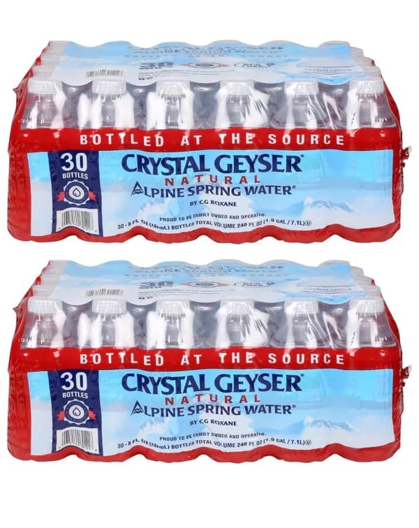 Crystal Geyser front packaging 8oz bottles showing convenience and portable hydration