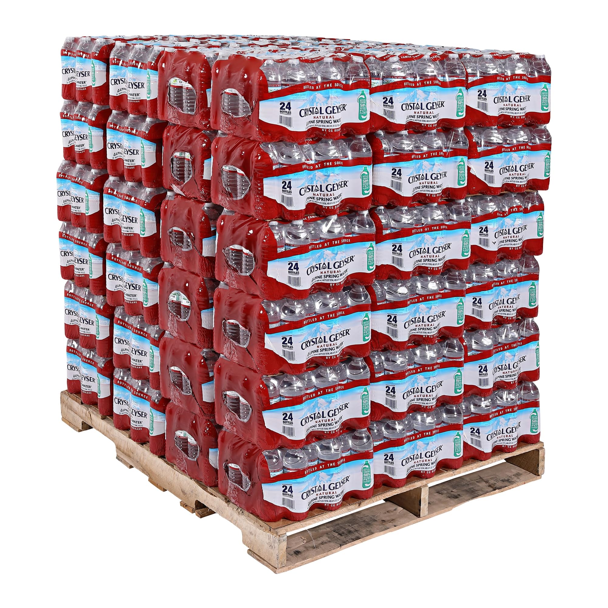 Crystal Geyser pallet front packaging showing brand and case count, reliable bulk supply