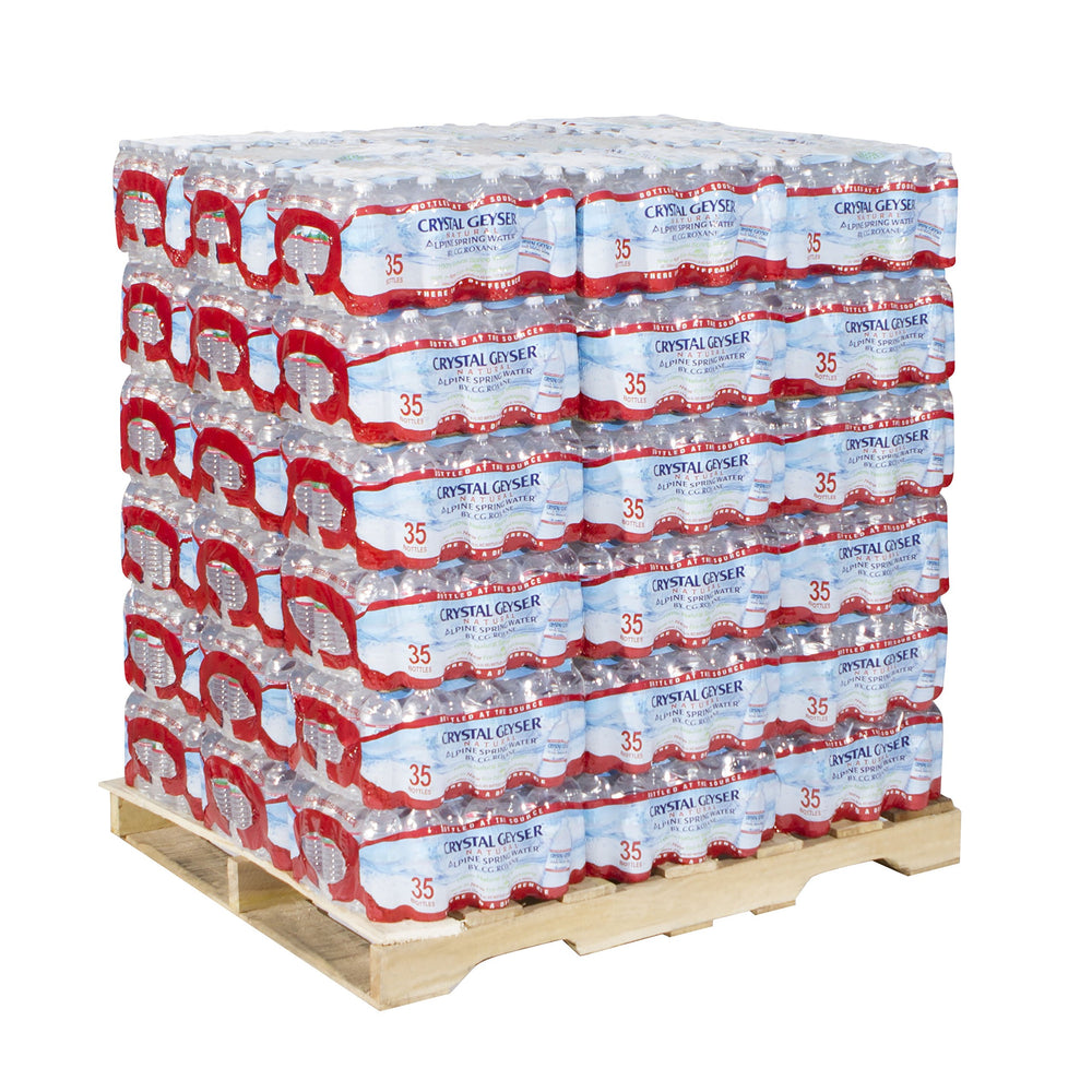 Crystal Geyser front packaging showing full pallet and brand clarity benefit