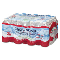 Crystal Geyser front packaging showing 35-bottle case and label, great for bulk storage