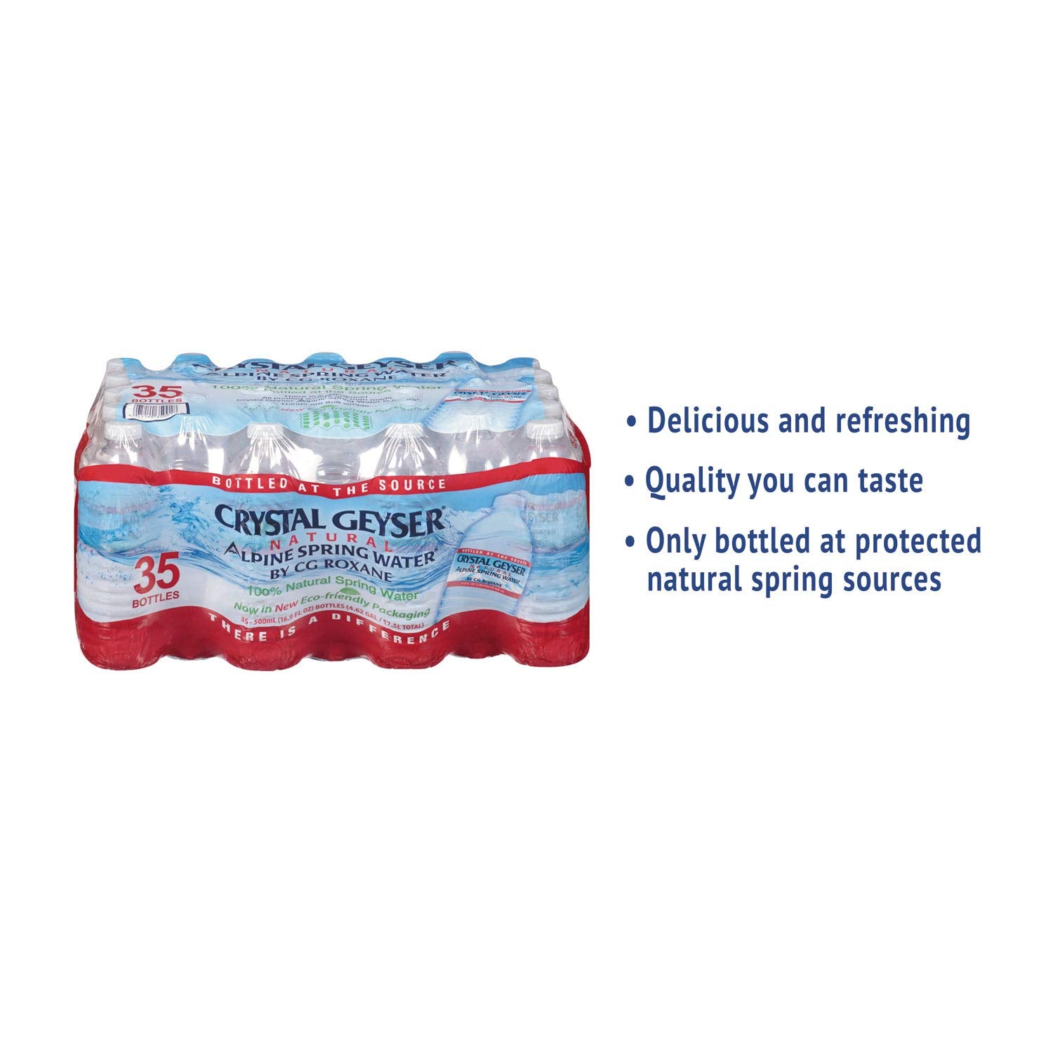 Crystal Geyser single 16.9 oz bottle upright, clear label and portable size benefit