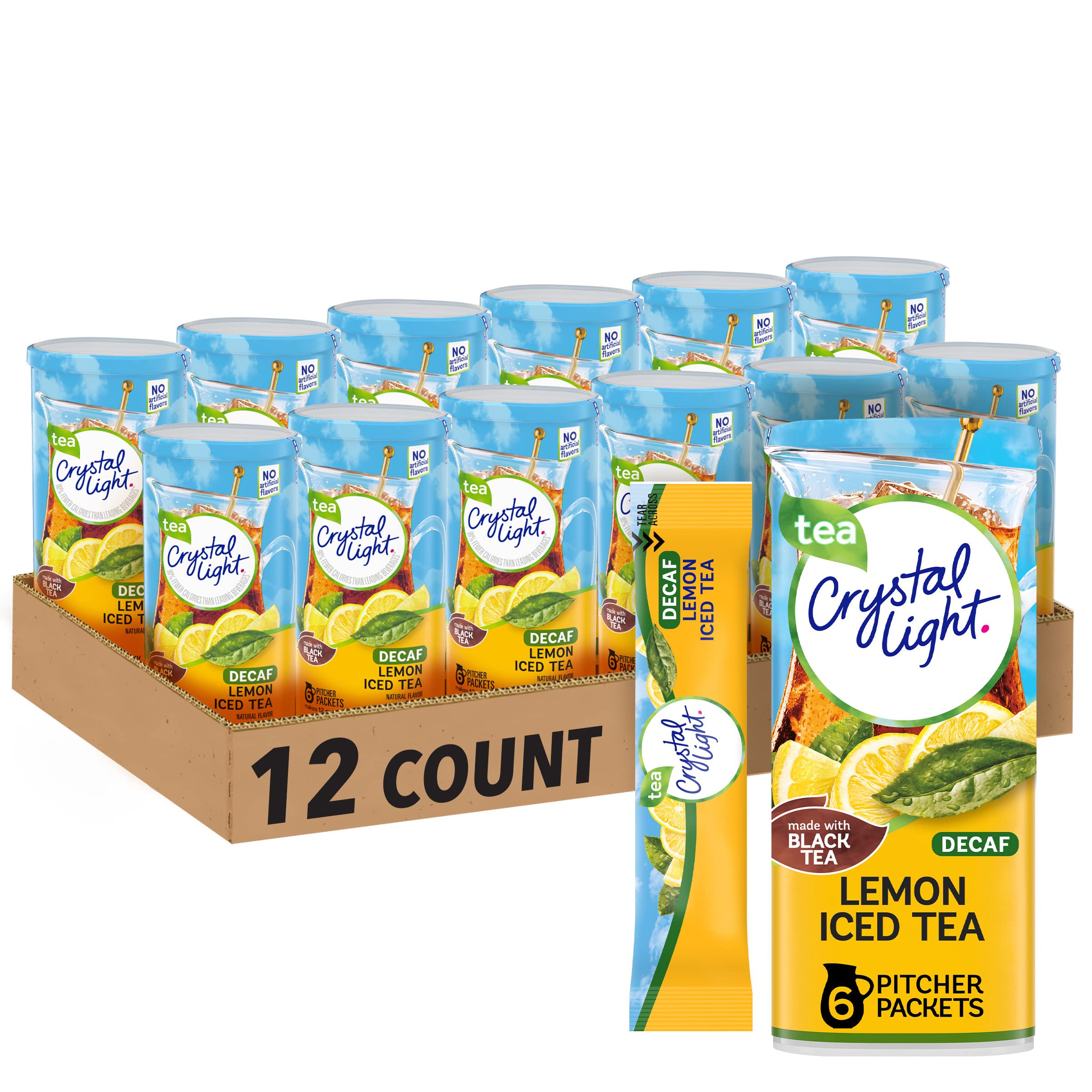Crystal Light canister front showing decaf lemon iced tea and convenience