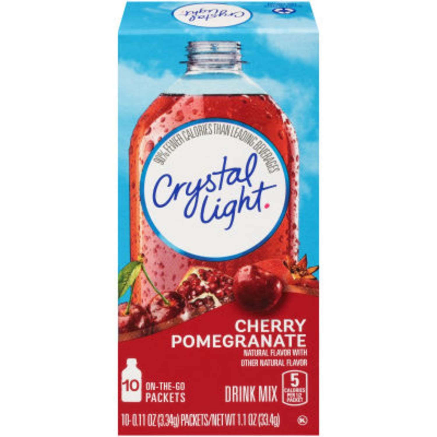 Close-up of a Cherry Pomegranate packet showing texture and tear notch, Crystal Light clarity benefit