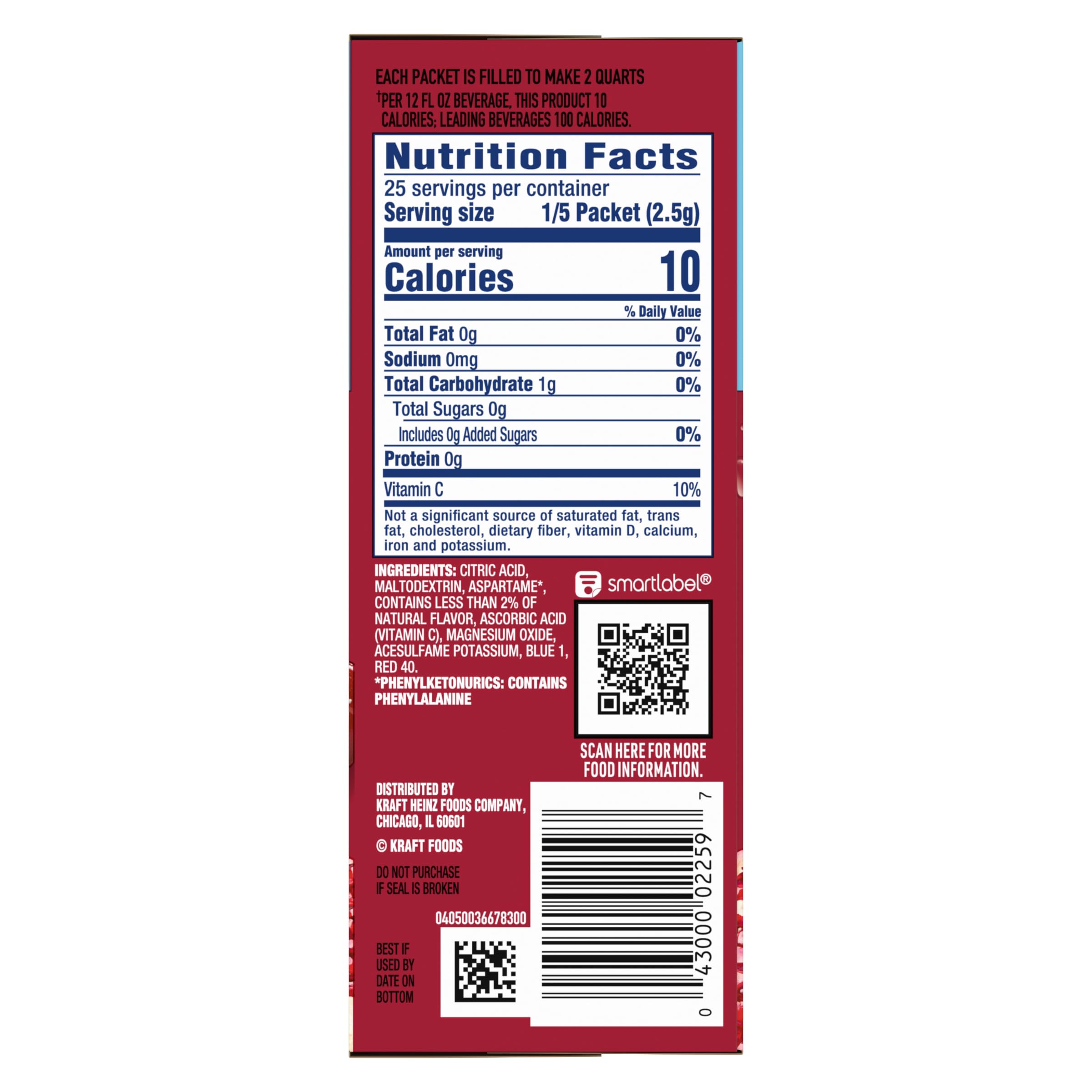 Packet beside measuring cup showing Crystal Light serving size and convenience