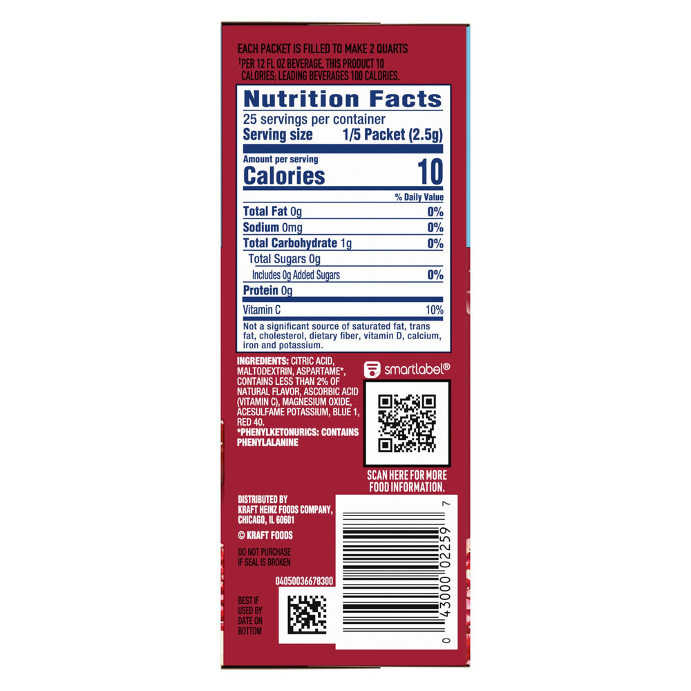Packet beside measuring cup showing Crystal Light serving size and convenience
