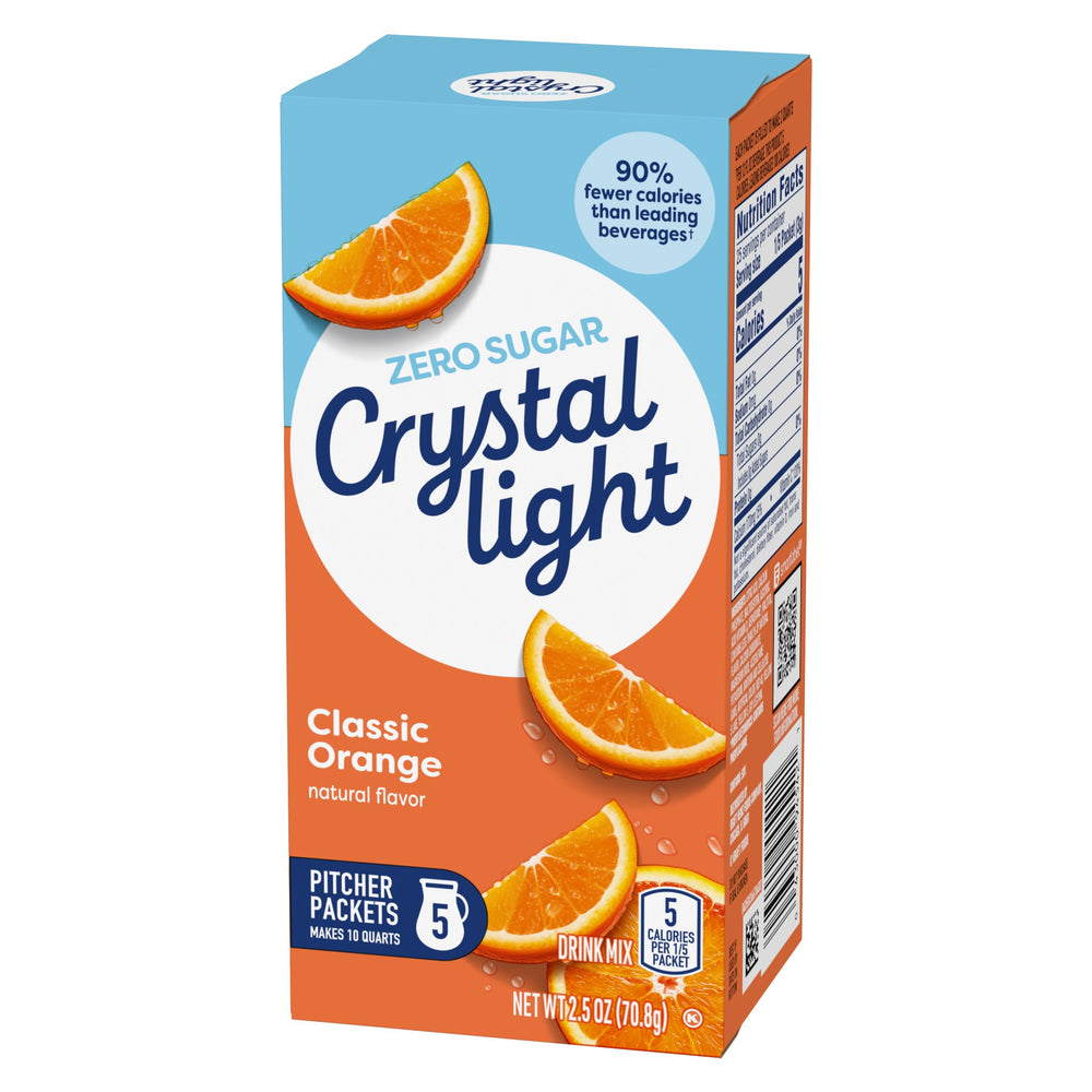 Pouring Crystal Light orange into glass demonstrating simple preparation benefit