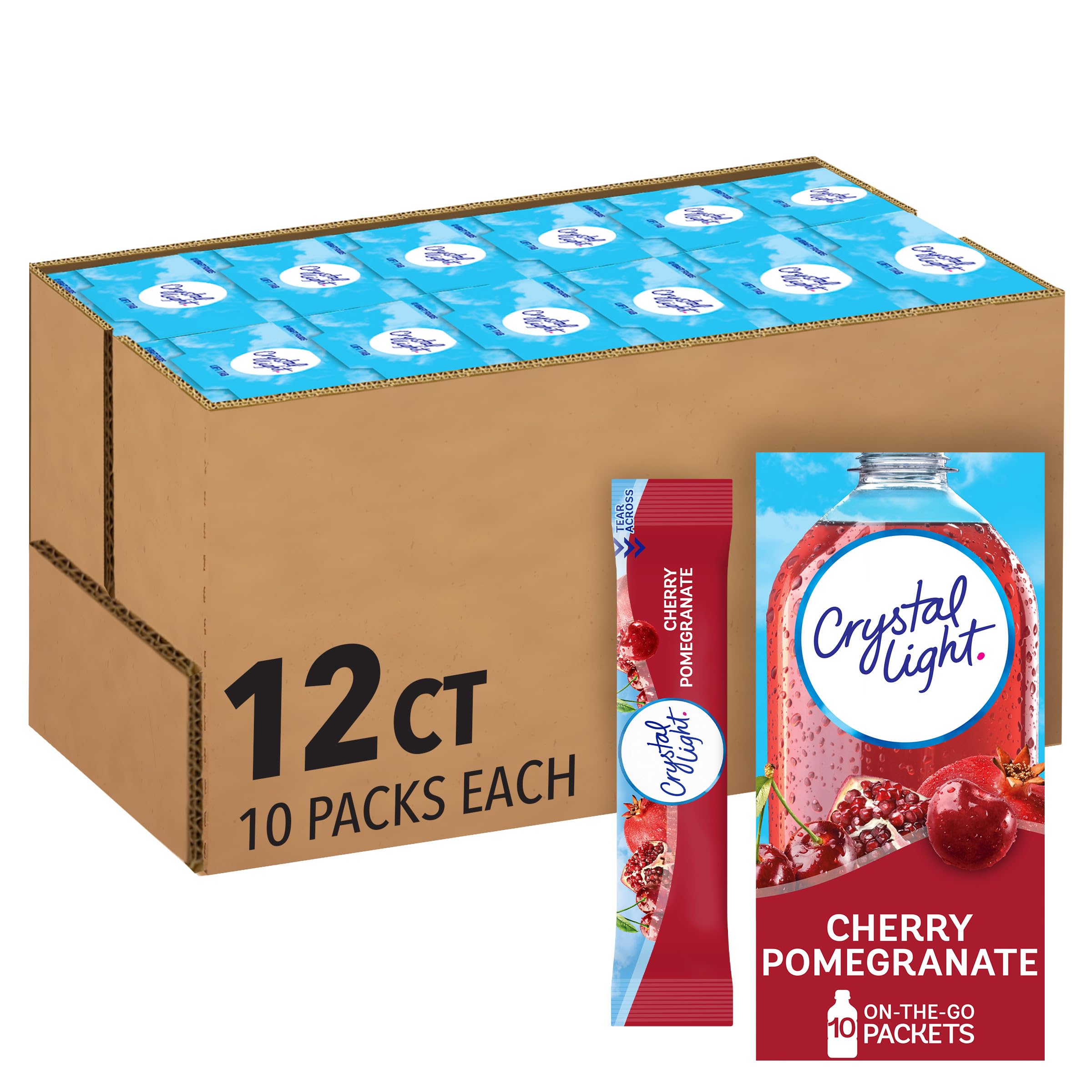 Crystal Light front box showing Cherry Pomegranate branding and packet count benefits