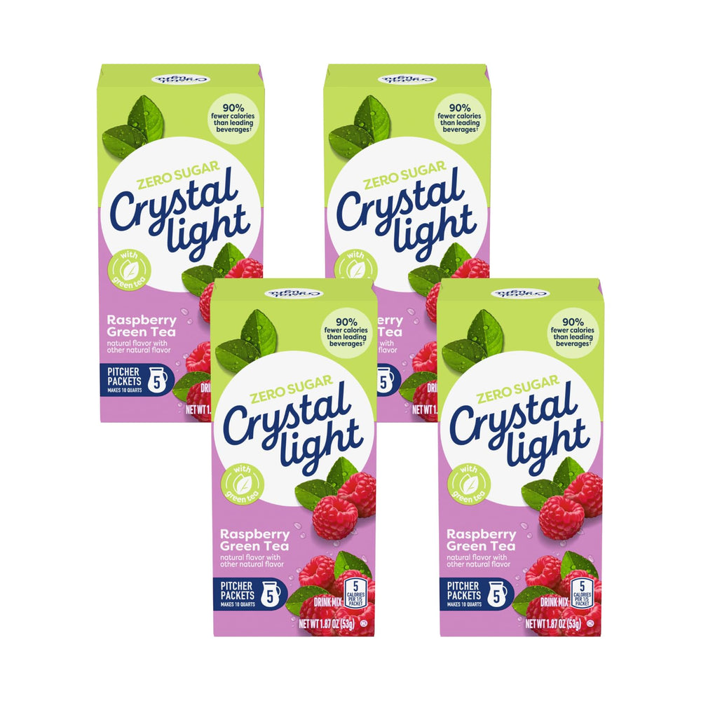 Crystal Light front packaging showing raspberry green tea and convenience