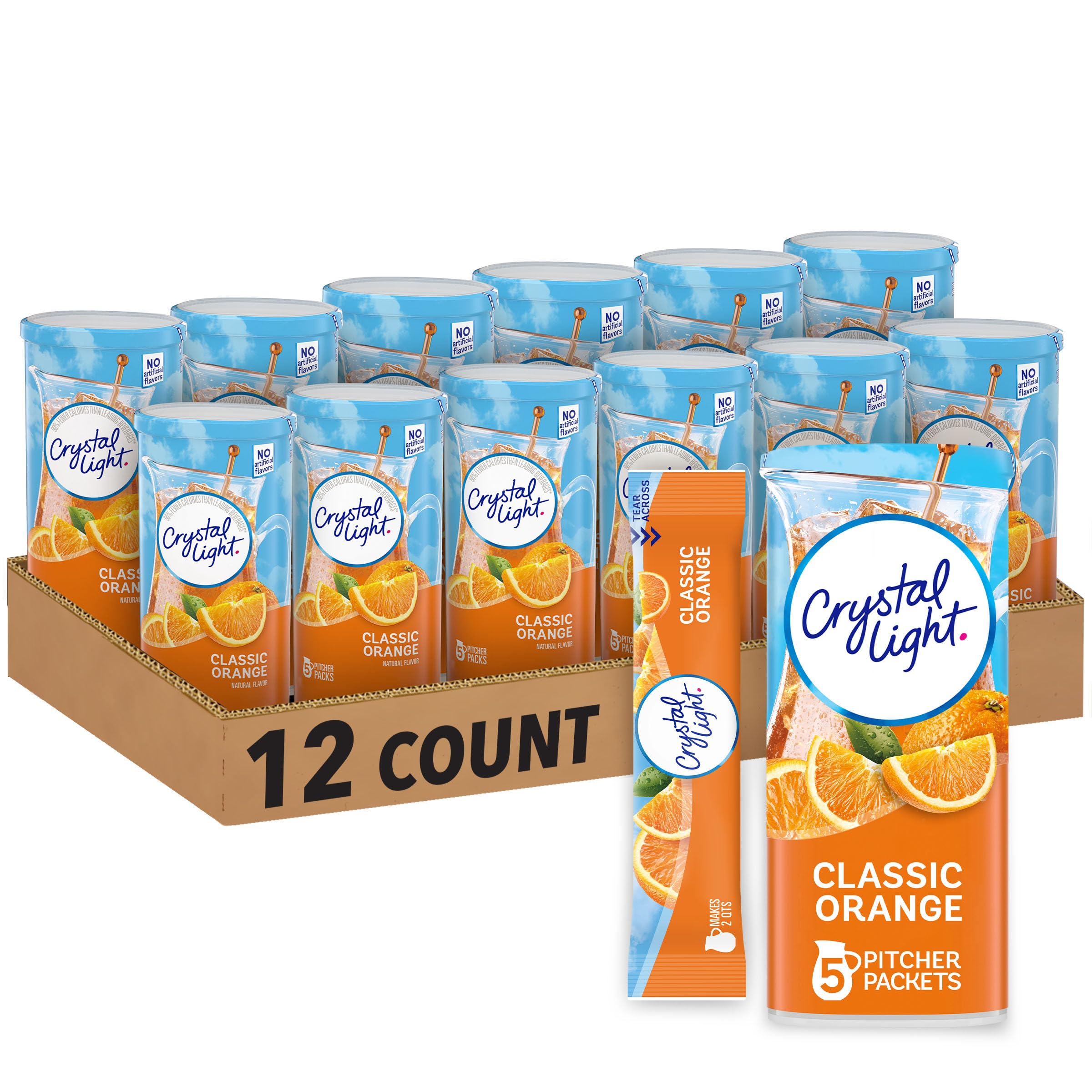 Crystal Light front packaging showing 12 canisters and product benefits