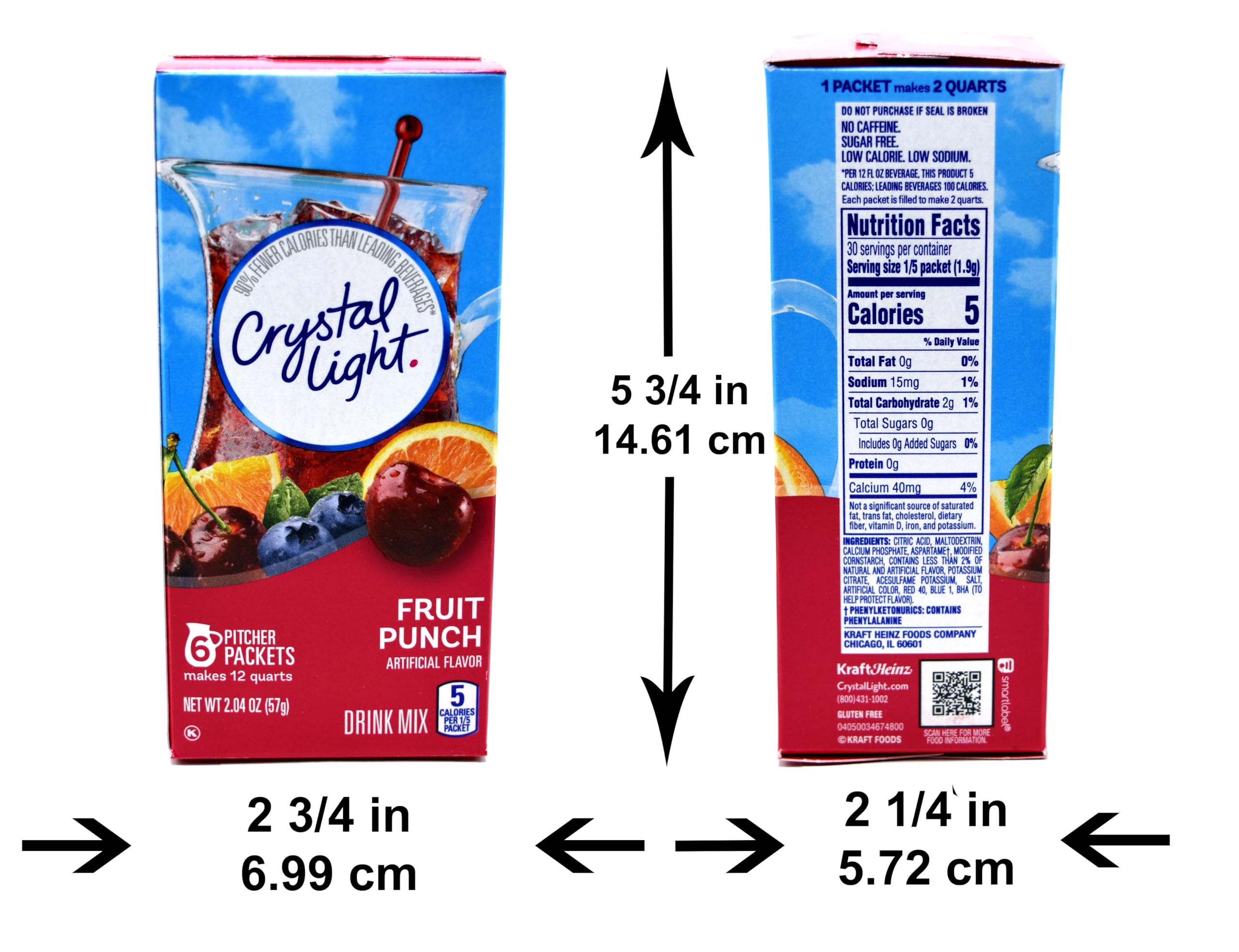 Three Crystal Light canisters beside a ruler showing pack size and long-lasting supply benefit
