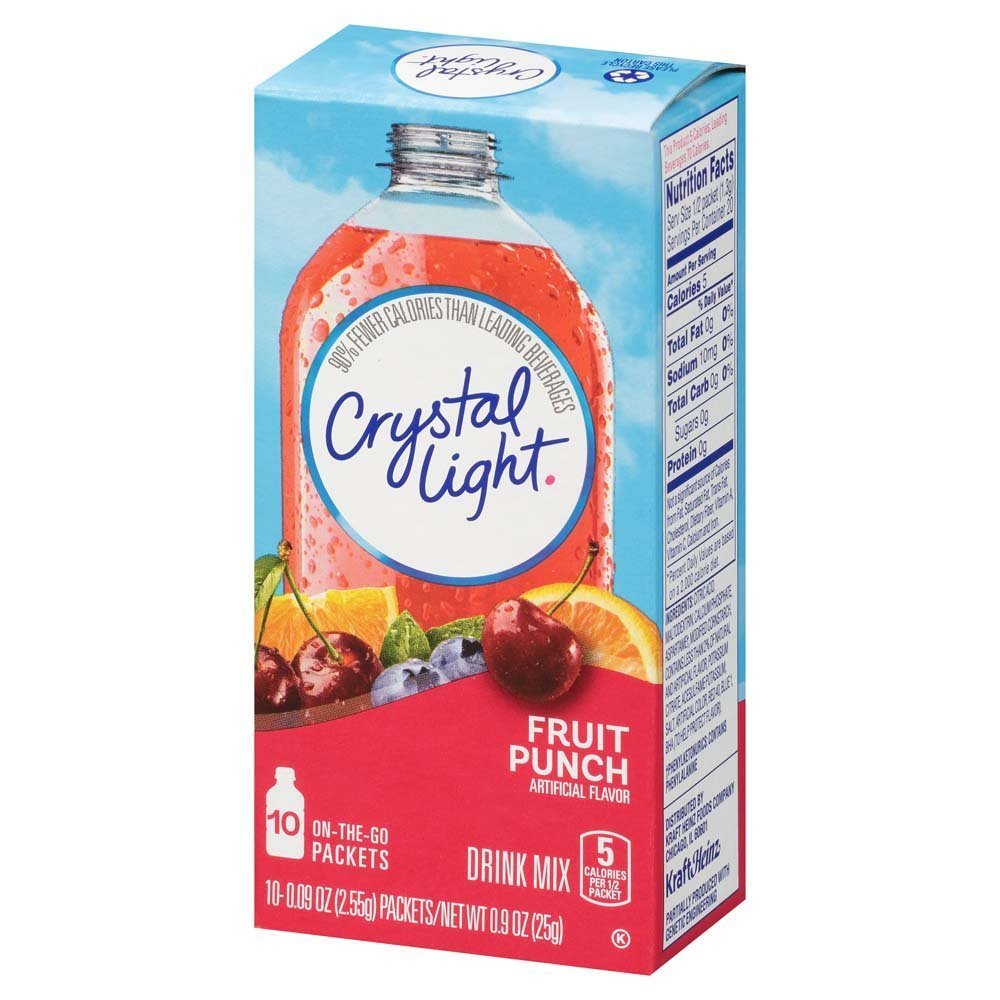 Crystal Light close-up of a single fruit punch packet highlighting portioned, easy-to-use design