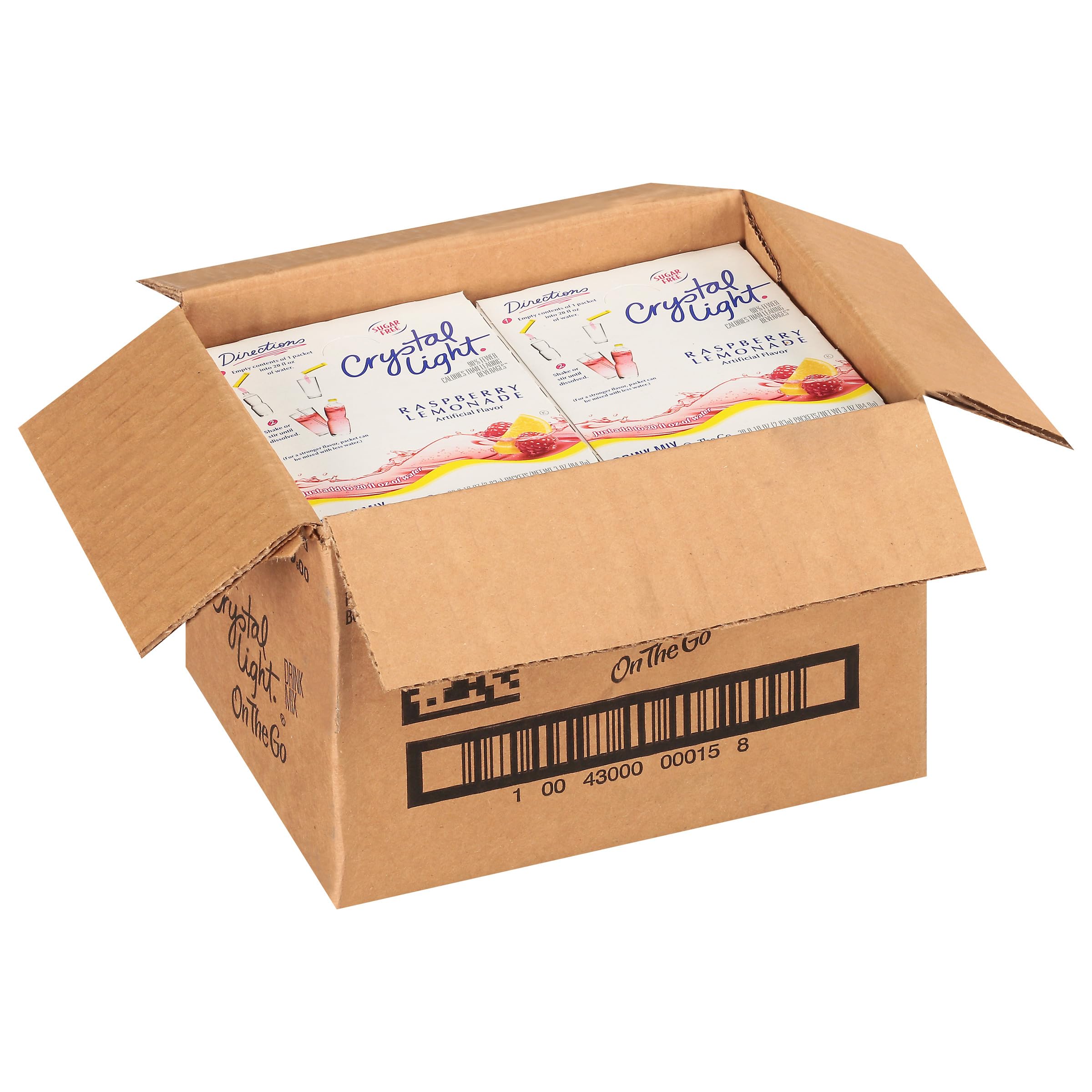 Case stored on kitchen shelf showing Crystal Light space-saving dry storage convenience
