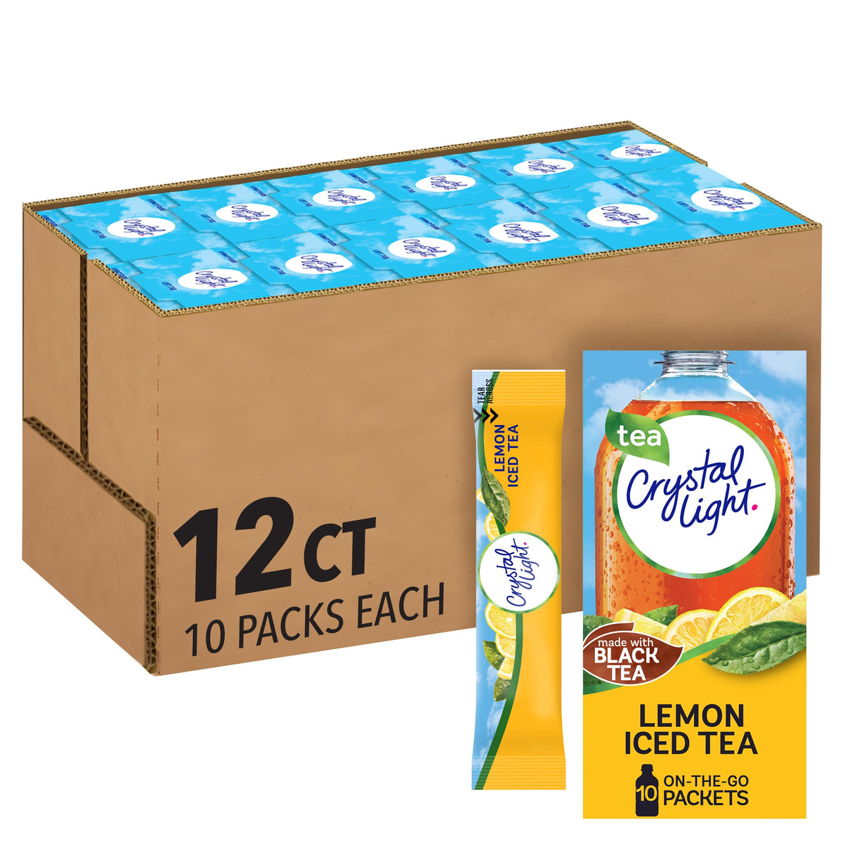 Crystal Light front box showing lemon iced tea variety and 120 count - easy grab-and-go