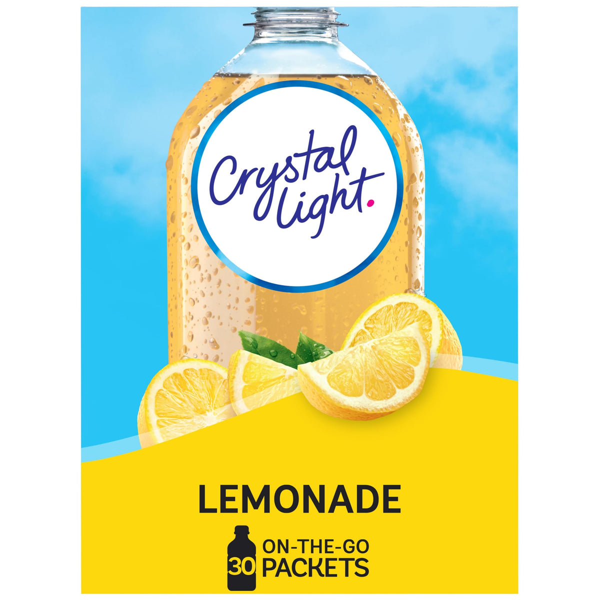 Crystal Light front box showing lemonade packets and easy storage benefit
