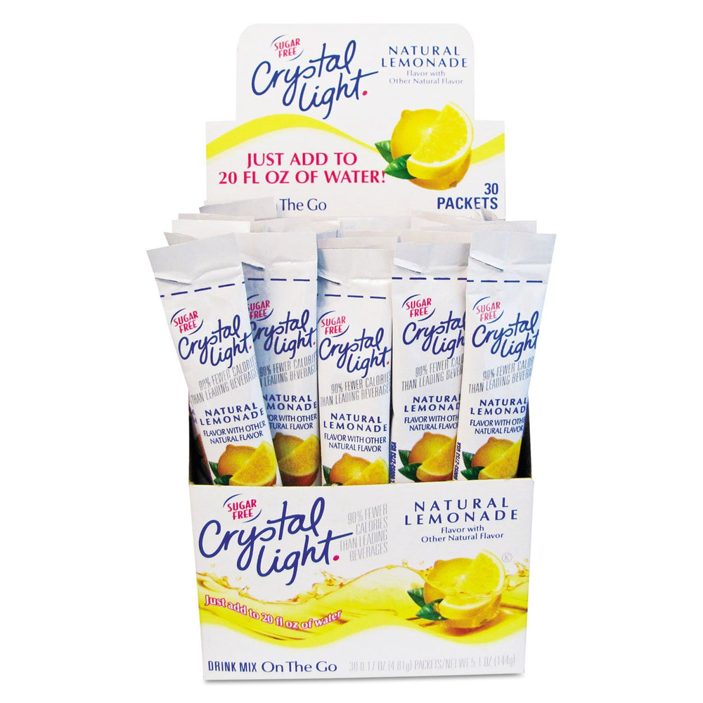 Crystal Light front view of lemonade packet pack showing count and portability benefit