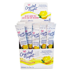 Crystal Light front view of lemonade packet pack showing count and portability benefit