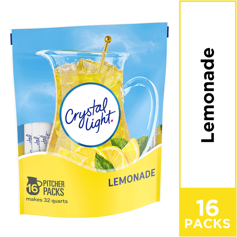 Pitcher of prepared Crystal Light Lemonade demonstrating large-batch serving ease