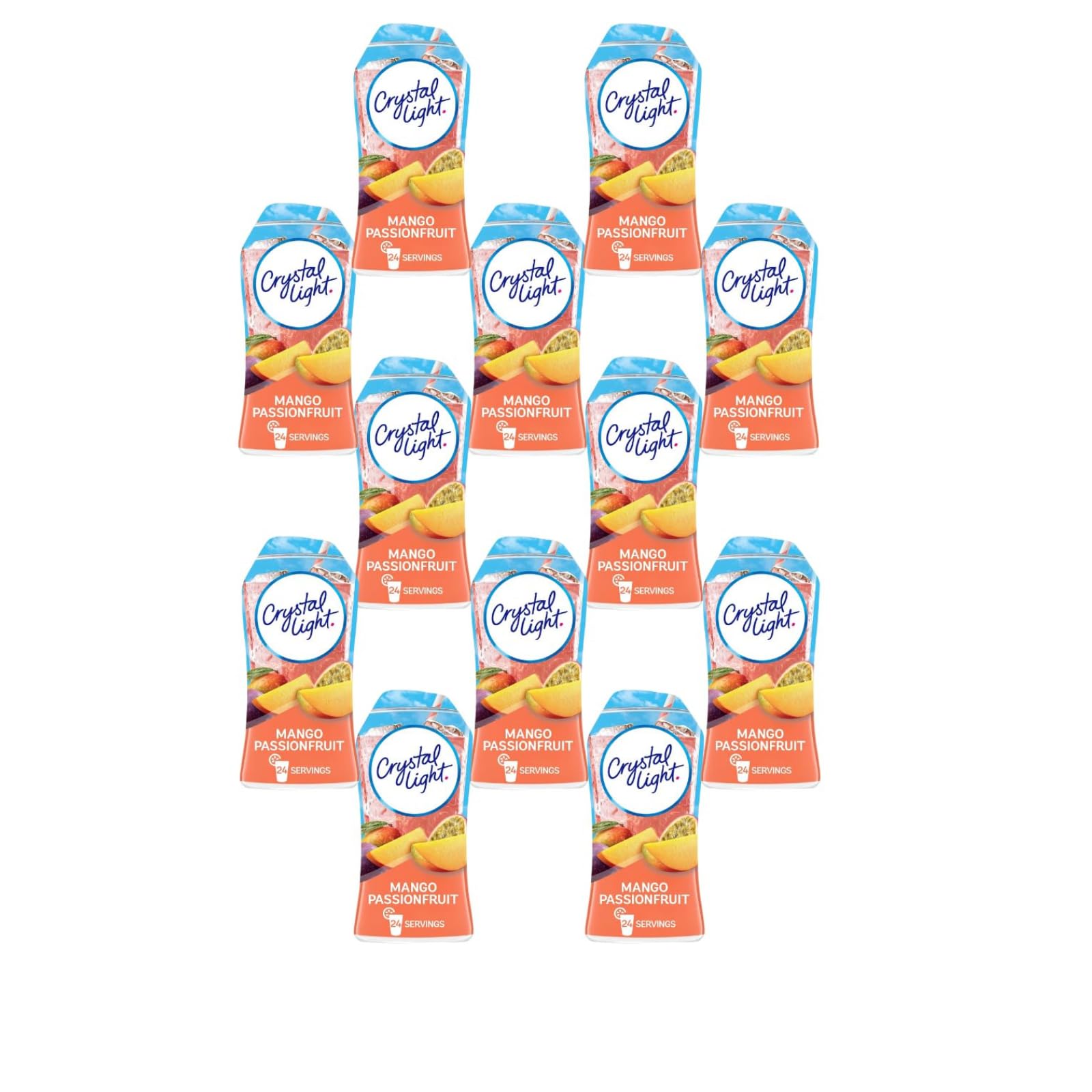 Crystal Light front packaging showing 12 mango passionfruit bottles for convenient flavor