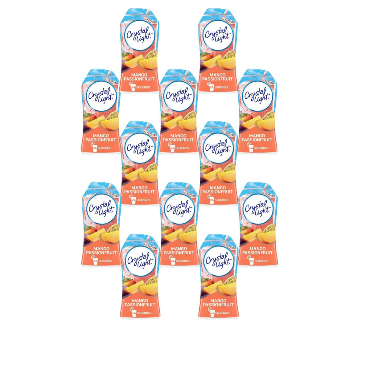 Crystal Light front packaging showing 12 mango passionfruit bottles for convenient flavor