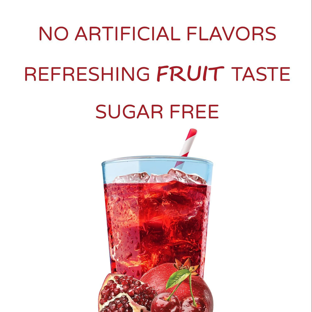 Prepared Crystal Light Cherry Pomegranate drink in a clear bottle, refreshing hydration