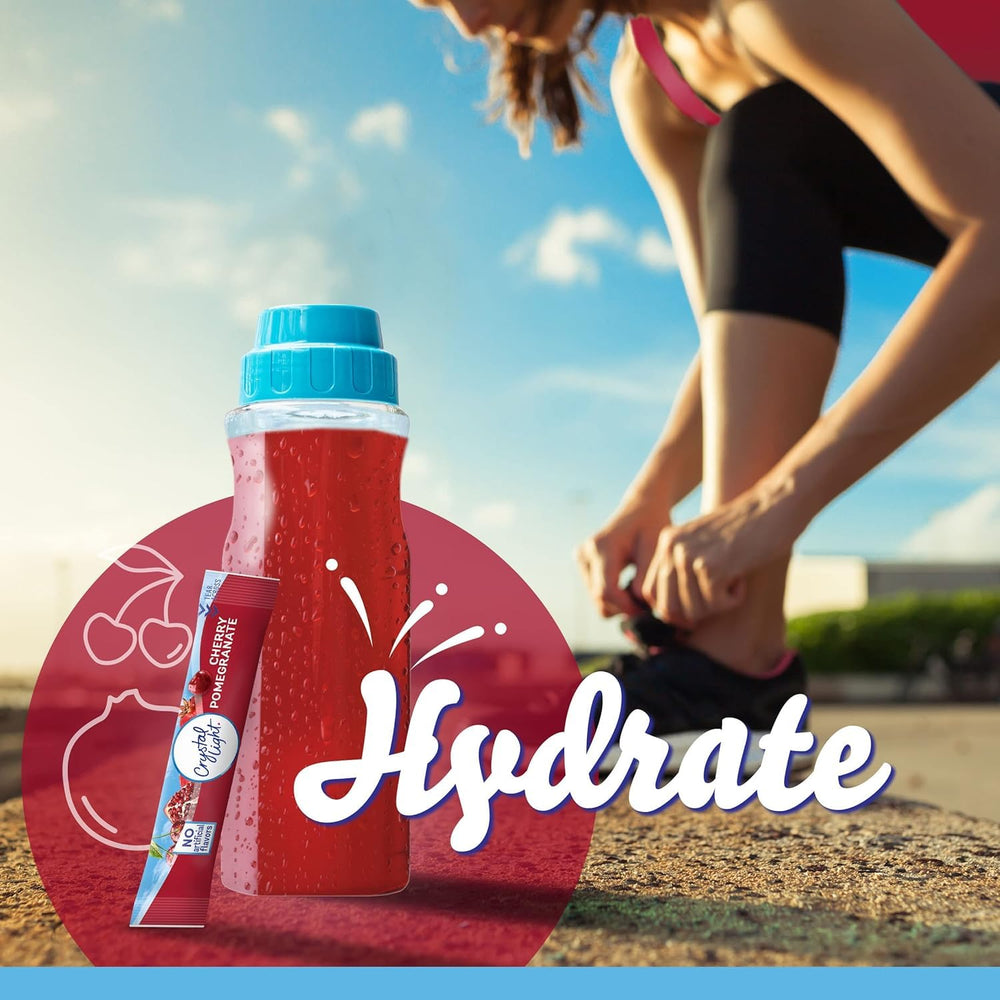 Clear bottle with bright Cherry Pomegranate drink, Crystal Light low-calorie refreshment benefit