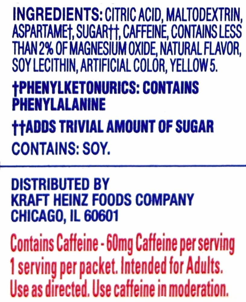 Crystal Light nutrition label close-up showing zero sugar and caffeine info