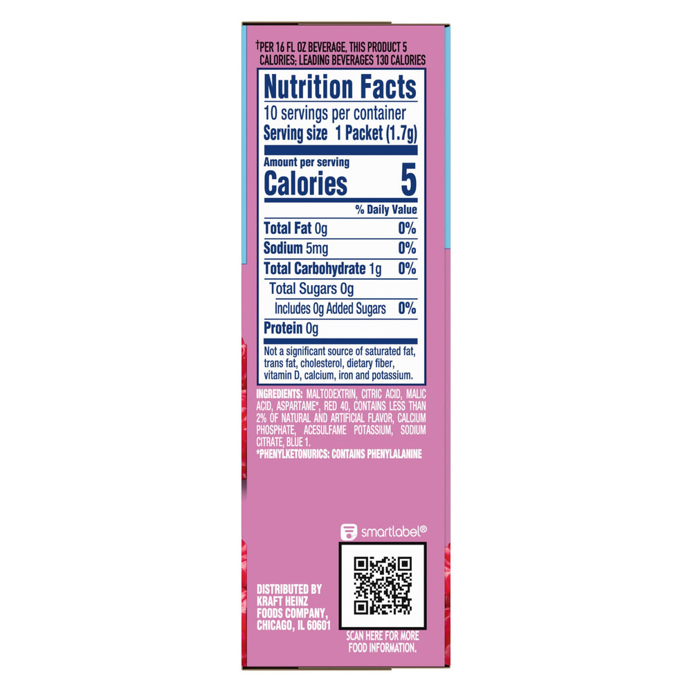 Close-up of Crystal Light nutrition label emphasizing zero sugar and low calories